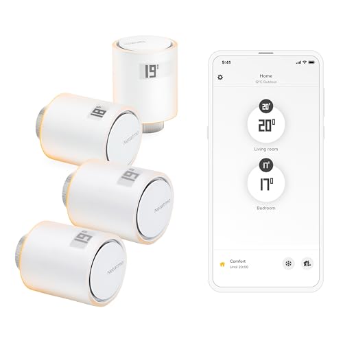 (-37%) Netatmo Pack 4 Verbundene und Intelligente Thermostatköpfe, Zubehör für Verbundene und Intelligente Thermostate, Thermostatventile für Heizkörper, NBU-4-NAV-EU
