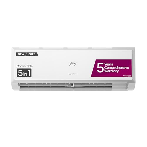 Godrej 1 Ton 3 Star,New star rated,5 Years Comprehensive Warranty,AI Powered, 5-In-1 Convertible Cooling, Inverter Split AC (Copper,Model,Heavy duty c