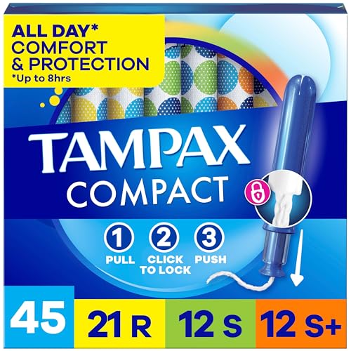 Tampax Compact Pearl Tampons for Women Multipack, with LeakGuard Braid & Extendable Applicator, Regular/Super/Super Plus Absorbency, Compact Extendable Applicator, Unscented, 45 Count