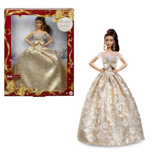 Barbie Signature 2025 Holiday Light Brown Hair Fashion Doll Wearing Silver & Gold Gown, Seasonal Collector in Displayable Packaging & Stand