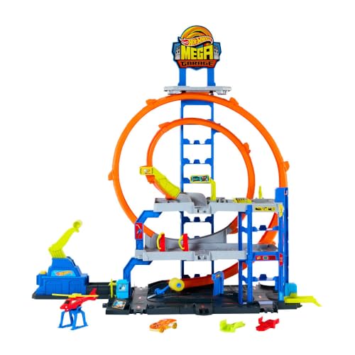 Hot Wheels Toy Car Track Set with Die-Cast Car & Helicopter, 2 Loops, Storage for 36 1:64 Scale Vehicles, Speed Snap Adapters, Mega Loop Garage