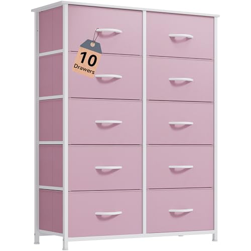 DWVO 10 Drawer Dresser - Fabric Storage Tower, Tall Chest Organizer Unit, Living Room, Hallway, Closets - Sturdy Steel Frame, Wooden Top & Easy Pull Fabric Bins, Pink