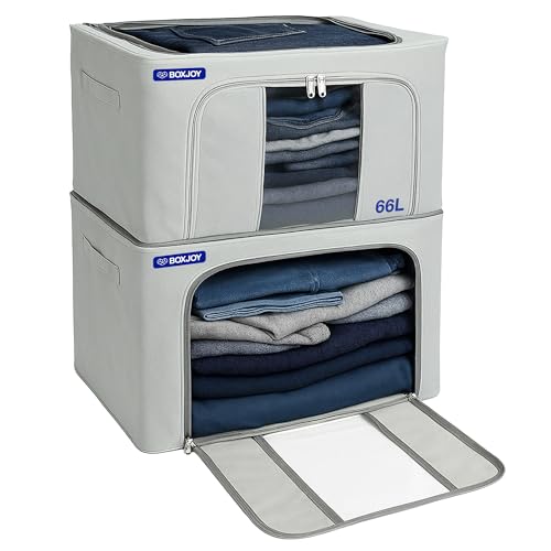 BOXJOY Foldable Steel Frame 66L Pack of 2 Clothes Dress Storage Organizer Box for Saree Shirt with Clear Window Front & Top Open Almirah Wardrobe Orga