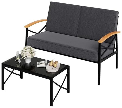 Shintenchi Metal Outdoor Patio Furniture Set with Coffee Table, 2 Piece Patio Conversation Sets with Washable Thick Cushions, Loveseat, Patio Sectional Furniture Set for Porch, Balcony, Deck, Gray