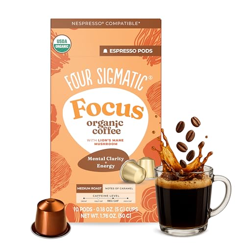 Four Sigmatic Focus Coffee Pods Compatible with Nespresso Original | Organic Medium Roast Espresso with Added Focus | Mushroom Coffee Enhanced with Lion's Mane | Medium Roast 10ct