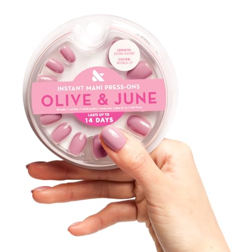 Olive & June Instant Mani Press On Nails (Glue) | Mauve | Extra Short, Round | 42 Fake Nails, 21 Sizes | Non-Toxic, Long-Lasting | Recycled Materials | Realistic Look | World Lit