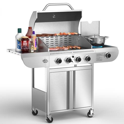 Electactic G41 Pro Gas Grill,Heavy-Duty Stainless Steel BBQ Grill,4 Burner Gas Grill with Side Burner,42000 BTU Propane Grill for Outdoor Cooking,Barbecue,Garden and Patio Backyard