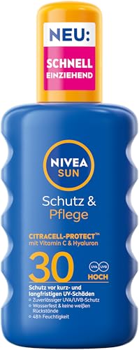 (-27%) NIVEA SUN Schutz & Pflege Sonnenspray LSF 30, wasserfestes Sonnencreme Spray mit Vitamin C & Hyaluron, schnell einziehender Sonnenschutz für 48h Feuchtigkeit (200 ml)