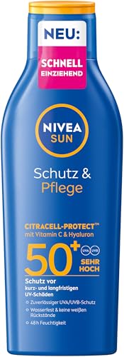 (-18%) NIVEA SUN Schutz & Pflege Sonnenlotion LSF 50+, wasserfester Sonnenschutz mit Vitamin C & Hyaluron, schnell einziehende Sonnencreme für 48h Feuchtigkeit ohne weiße Rückstände (200 ml)