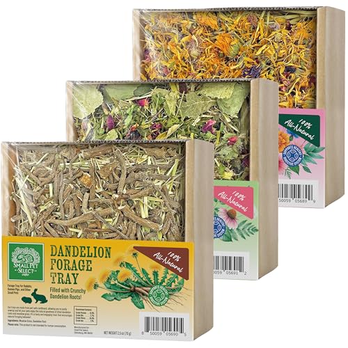 Small Pet Select Forage Tray Bundle, 3 Pack of Foraging Trays for Rabbit, Guinea Pig, Hamster or Bunny - Natural Treats, Dandelion, Flower, Herb Mix 2.5oz Each