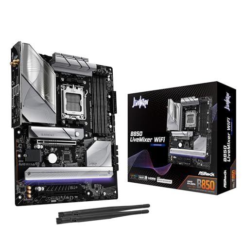 ASRock AMD B850 LiveMixer WiFi 7 Socket AM5 Ryzen 9000/8000/7000 Series DDR5 8000+ (OC) MHz 256GB ATX Motherboard M.2 SATA3 6.0 Gb/s PCIe 5.0 BIOS Flashback 1 HDMI 1 DisplayPort