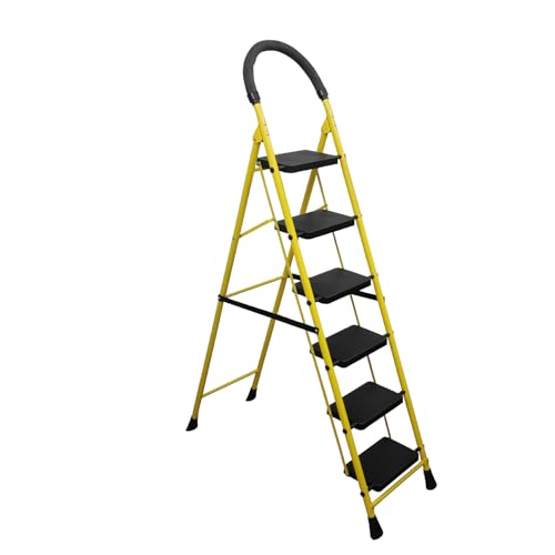 BonKaso Mild Steel Multipurpose Climb Swift 6-Step Foldable Ladder with Safety Clutch Lock, Load Capacity Upto 120kg – Anti-Slip Designed for Indoor & Outdoor Use - (Yellow & Black)