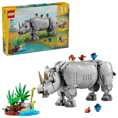 LEGO Creator 3 in 1 Wild Animals: Majestic Rhino with Birds Pretend Play Toy for Kids - Safari Toy Building Set for Girls & Boys, Ages 9+ - Build 3 Animals in 1 Kit - Gift for Birthdays - 31171