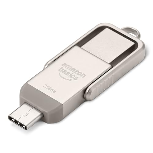 Amazon Basics USB Flash Drive, Thumb Drive Memory Stick with USB C and USB A Dual Ports, 256GB, Champagne Silver