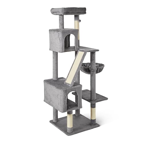 🔥 STARKER PREIS (-55%) Amazon Basics Mehrstöckiger Kratzbaum für Katzen mit Katzenhäuschen, Hängematte, Sisalrampe, Hängeball, Höhe 152,7 cm, Grau