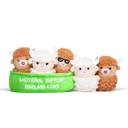 WHAT DO YOU MEME? Emotional Support Highland Cows by Relatable, Cuddly Stuffed Animals, Plushies, and Cute Stuff, Great Gift Ideas for Loved Ones of All Ages, Includes 5 Toys with Carrying Basket