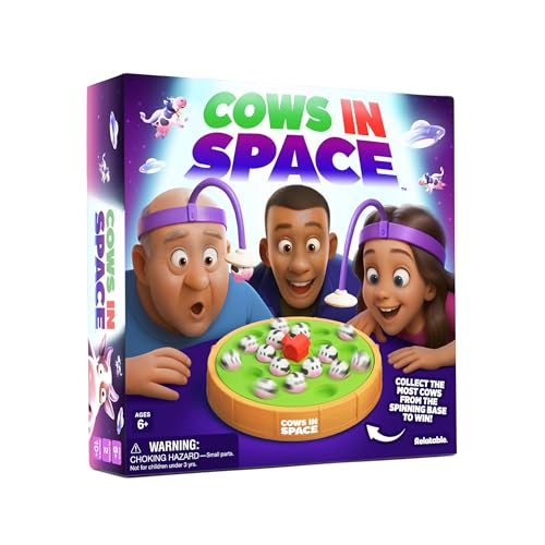WHAT DO YOU MEME? Cows in Space by Relatable – A Kid-Friendly Pick for 2 Player Kids Games, and Fun Games – Includes 2 UFO Headbands, 1 Electronic Spinning Base, 21 Cows, and Instructions