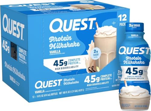 Quest Nutrition Vanilla Protein Shake, 45g Protein, 2g Sugar, 3g Net Carbs, Ready to Drink, Gluten Free, 12 Count