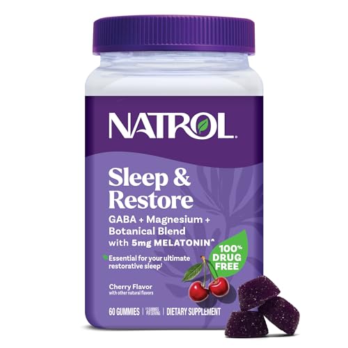 Natrol Sleep + Restore Magnesium Glycinate Blend Gummies with Melatonin 5mg - Calm Magnesium with GABA, Botanical Blend, Cherry Flavor, 60 Gummies