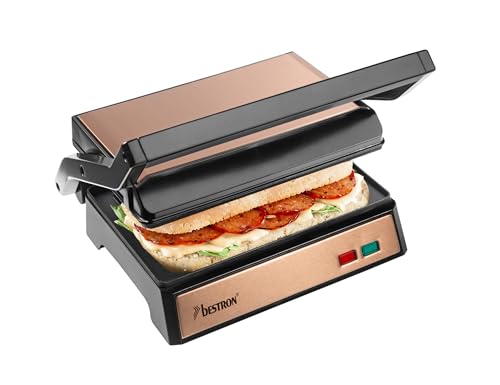 (-39%) Bestron elektrischer Kontaktgrill mit Auffangschale, Sandwichmaker mit Cool-Touch-Handgriff & 180° Öffnung, Paninimaker mit Antihaftbeschichtung, Einsteigermodell, Copper Collection, Farbe: Kupfer