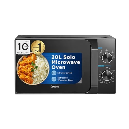 Midea 20L Solo Microwave Oven | 5 Power Levels + Defrost | 10-Year Magnetron Warranty | Mechanical Knob Control | Easy-Clean Powder-Coated Cavity | En