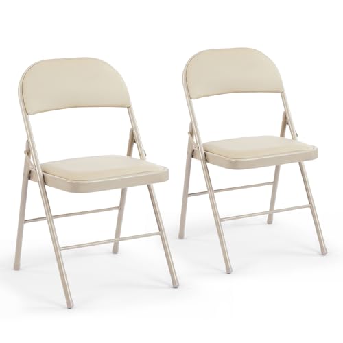 DUMOS 2 Pack Leather Padded Folding Chair, Indoor Outdoor Portable Stackable Commercial Seat with Steel Frame, Capacity for Home, Office, Party, Comfy, Kahki