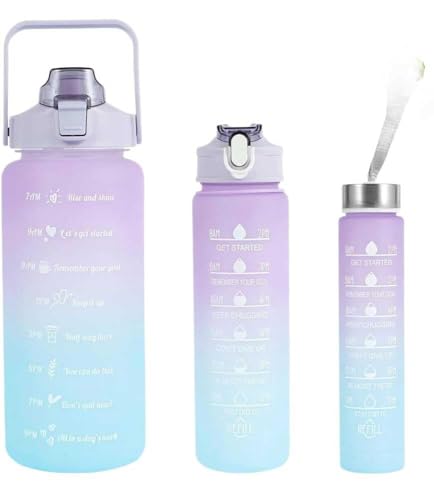 TEKCOOL Water Bottle - 3Pcs 2L,750ml & 300ml Light-weight, Leak-proof, BPA-free Motivational Water Bottle Sipper, Time Marker & Mobile Holder for Onli