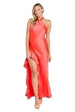 MORGAN AND CO. — MORGAN AND CO. Women's Elegant Satin Halter Maxi Dress W/Ruffle Side Slit & Tie Neck - Evening Cocktail Prom Party Gown Tangerine
