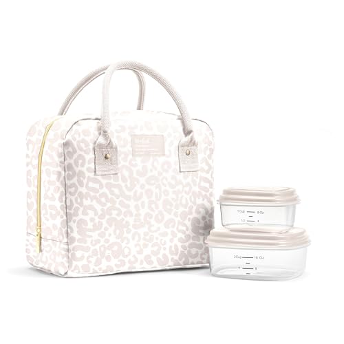 Fit & Fresh Lunch Bag For Women, Insulated Womens Lunch Bag For Work, Leakproof & Stain-Resistant Large Lunch Box For Women With Containers, Zipper Closure Bloomington Lunch Bag, Feline Fine Ivory