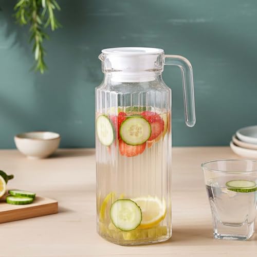 The Earth Store Transparent 1.1L Glass Jug with Lid Set of 1 | Pitcher Jug for Water, Milk, Juice, Tea, Coffee, Hot & Cold Drinks Perfect for Home, Of