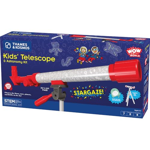Wow in The World Kids’ Telescope & Astronomy Kit, 25x & 50x Magnification, Adjustable 48” Tripod, Includes Star Wheel & Companion Audio Content, Intro to Astronomy Gift for Ages 6+ by Thames & Kosmos