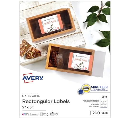 Avery Printable Rectangular Labels, Sure Feed Technology, 2" x 3", Matte White, Permanent Adhesive, Laser/Inkjet Printable, 200 Blank Labels, Great for Product Merchandising, Stickers, and More (5619)