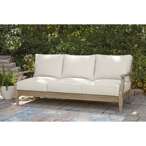 Signature Design by Ashley Carter Hall Outdoor Eucalyptus Wood Patio Sofa – Cushioned with UV-Resistant Nuvella Fabric, 5-Step Protective Finish, Beige