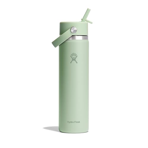 Hydro Flask Water Bottle - Insulated Stainless Steel - Wide Mouth Flex Straw Lid, Non Spill, Leakproof and Refillable in 24 Oz Aloe Green