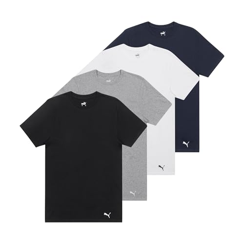 PUMA Men's 4 Pack Cotton Crewneck Short Sleeve T-Shirt, Black/Grey/White/Navy, Medium