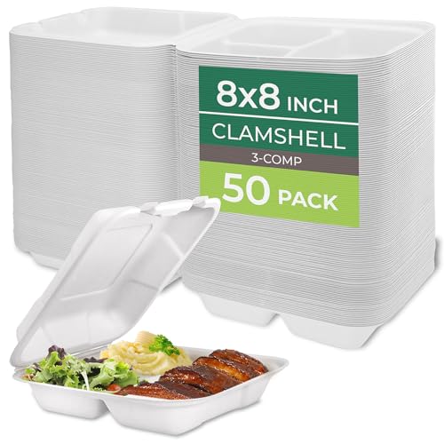 Freshware Clamshell Food Containers with Lids [8x8] 3-Compartment 50-Pack, Disposable To Go Containers, Biodegradable Sugarcane To Go Boxes - Paper Containers - Microwave & Freezer Safe, Stackable