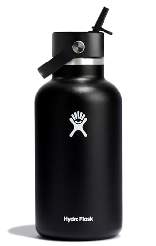 Hydro Flask Water Bottle - Insulated Stainless Steel - Wide Mouth Flex Straw Lid, Non Spill, Leakproof and Refillable in 64 Oz Black