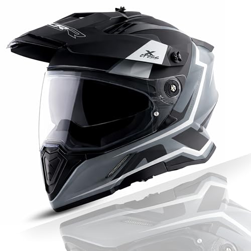 X-Cross Orbit ISI ECE and DOT Certified Premium Off-Road Full Face Helmet with Pinlock Fitted Dual Visors and Stylish Peak-Athena Grey Black-XL