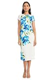 Maggy London Women's Stretch Midi Sheath Cap Sleeves-Crew Neck-Wedding Guest Dress, Softwhite/Royal Blue