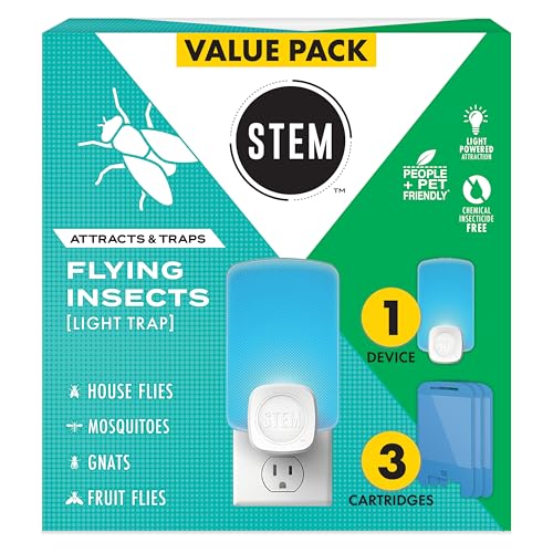 STEM Light Trap: Indoor Fruit Fly Trap, Effective Insect Control for Home, Attracts and Traps Flying Insects, Emits Soft Blue Light, Starter Kit with 1 Plug-in Device and 3 Cartridges