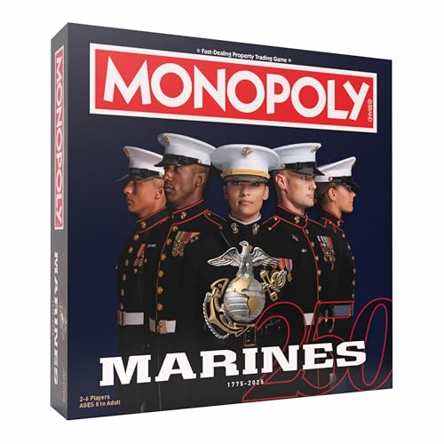 Monopoly: Marines 250th Anniversary Edition, Celebrate 250 Years, Buy Bases Worldwide and Upgrade with Tents & Barracks, Play as Tokens: Combat Boots, Bulldog, & More, Officially Licensed Merchandise