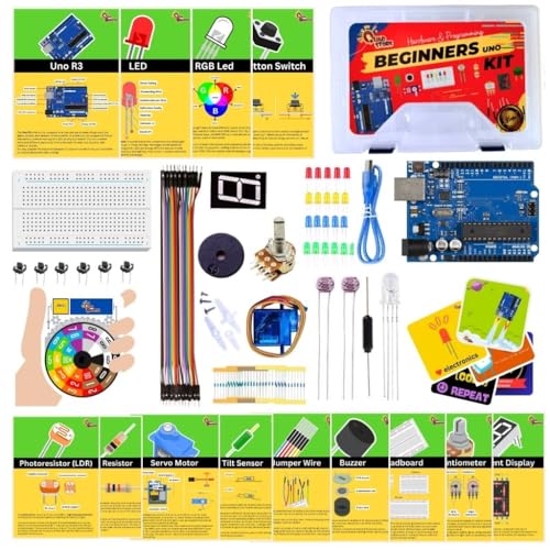 Quad Store Beginners Kit with Circuit Cards for Uno R3 Ideal for DIY Electronics Starters, STEM Projects and Programmers Compatible with Arduino IDE