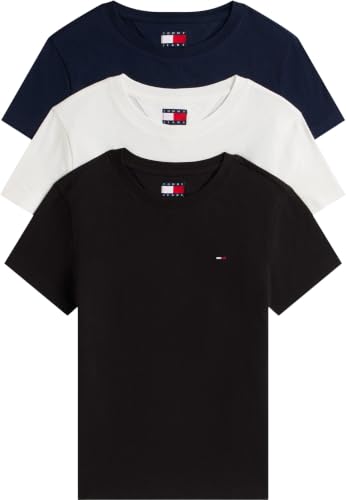 🔥 STARKER PREIS (-57%) Tommy Jeans Damen 3er Pack T-Shirts Kurzarm Set mit Rundhalsausschnitt, Mehrfarbig (Black/Ecru/Dark Night Navy), S