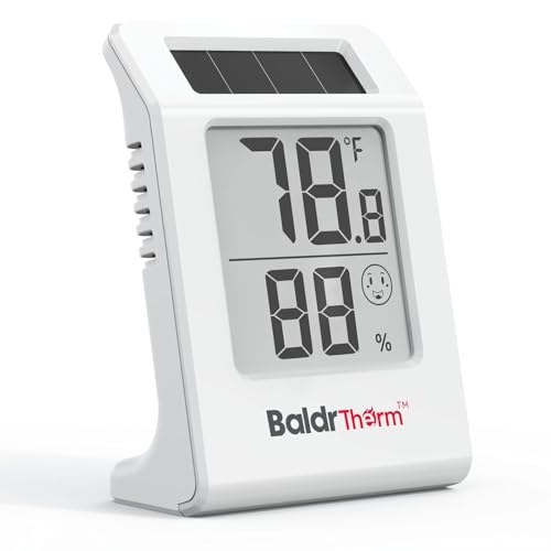 BaldrTherm 2.2'' Digital Thermometer and Hygrometer Meter, Solar-Powered Indoor Temperature Sensor Humidity Monitor, Humidity Gauge for Baby Rooms, Bedrooms, Home, Office, and Wine Cellars, 1Pack