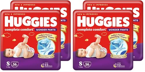 Huggies Complete Comfort Wonder Pants | Pant Style Baby Diapers S Size, 112 Count | India's Fastest Absorbing Diaper, Patented Dry Xpert Channel, 