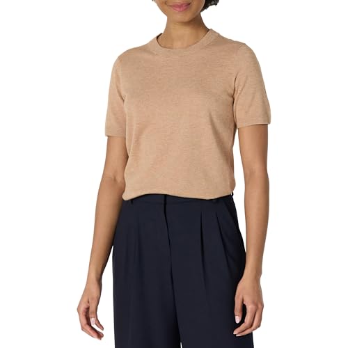 Amazon Essentials Women's Regular-Fit Short Sleeve Pullover Sweater Top, Camel Heather, Medium