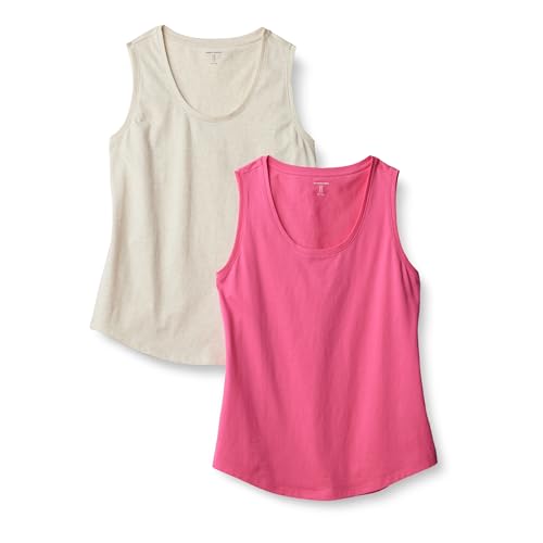 Amazon Essentials Women's Regular-Fit 100% Cotton Sleeveless Tank Top, Pack of 2, Hot Pink/Oatmeal Heather, XX-Small