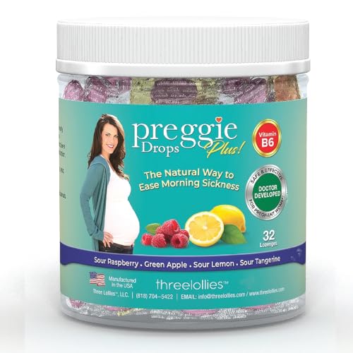 Three Lollies Preggie Pop Drops Plus with Vitamin B6 for Pregnancy Nausea Relief, Morning Sickness Candy with Essential Oils for Pregnant Women – Two Flavors, 32 Count