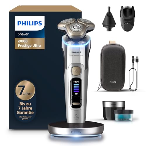 ⚡ BLITZDEAL (-34%) Philips Rasierer i9000 Prestige Ultra für Herren, Nass- und Trockenrasur, chrom, Druck- und Bewegungssensor, 5+1 Bartstyler, Nasenhaartrimmer, Reinigungsstation, Ladestation und Reiseetui (XP9404/38)