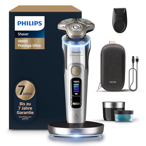 (-31%) Philips elektrischer Rasierer i9000 Prestige Ultra, Nass- und Trockenrasierer für Herren, chrom, Druck- und Bewegungssensor, Trimmeraufsatz, Reinigungsstation, Ladestation und Reiseetui (XP9404/31)
